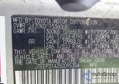 2005 Toyota Highlander V6 z USA, uszkodzony, nr VIN JTEEP21A350095354